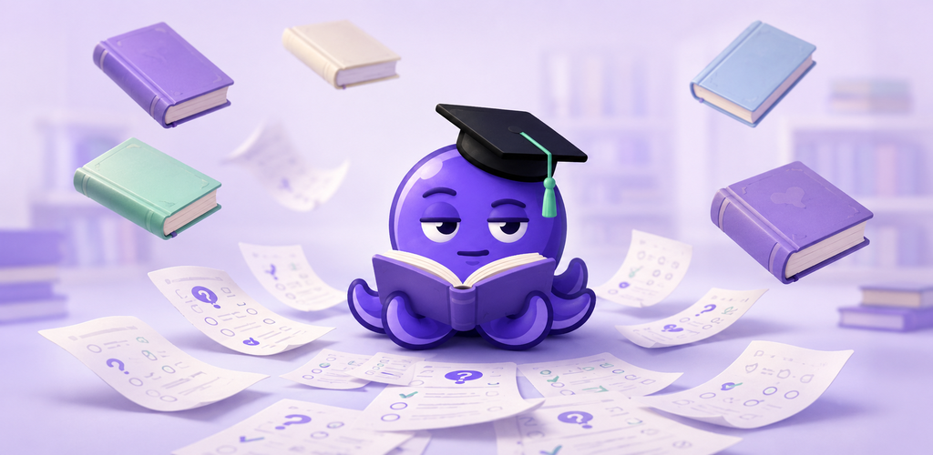Pulpo Purplex estudiando entre libros y hojas de examen